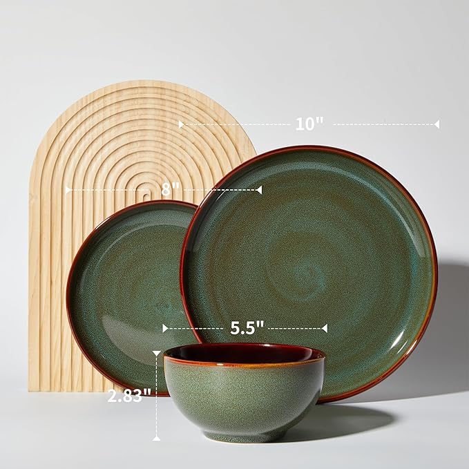 Pokini Plates and Bowls Sets for 8, 24 Piece Dinnerware Set for Large Families & Entertaining, Elegant Design, Dishwasher & Microwave Safe, Chip Resistant and Durable, Sage Green