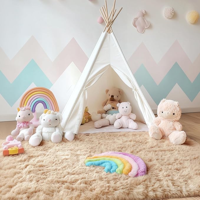 OLANLY 4x5 Machine Washable Accent Rug, Soft Fluffy Shaggy Area Rug for Bedroom, Living Room, Indoor Floor Carpet for Kids, Nursery, Home Decor, Beige