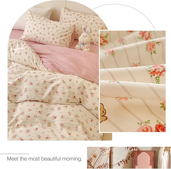 AOJIM Soft Cotton Duvet Cover Queen Size, 1 Comforter Cover 90x90 Inches with Zipper Closure and 2 Pillowcases, Kids Adults Queen Duvet Cover Set for Room Decor (No Comforter), Floral and Rabbit, Pink