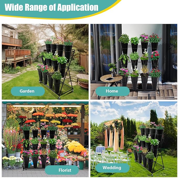 Flower Display Stand with 12 Buckets, 3 Layer Metal Plant Stand Indoor with Wheels, Heavy Duty Moving Flower Cart Flower Rack for Outdoor Patio, Garden, Florist