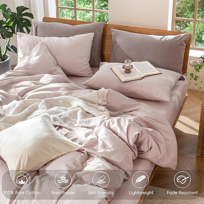 MooMee Bedding Duvet Cover Set 100% Washed Cotton Linen Like Textured Breathable Durable Soft Comfy (Heathered Greyish Pink, Cal King 104"x98")
