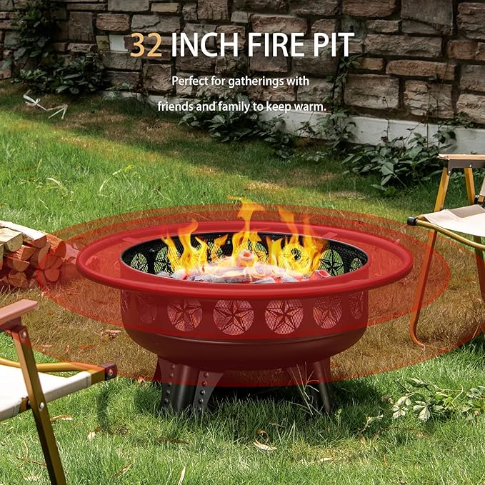 Verdeluxe 32 Inch Fire Pit with Swivel Cooking Grate,3-in-1 Wood Burning Firepit with Grill,Outdoor Fire Pits Table with Metal Lid and Poker for Outside Patio Backyard BBQ Bonfire Camping (32 Inch)