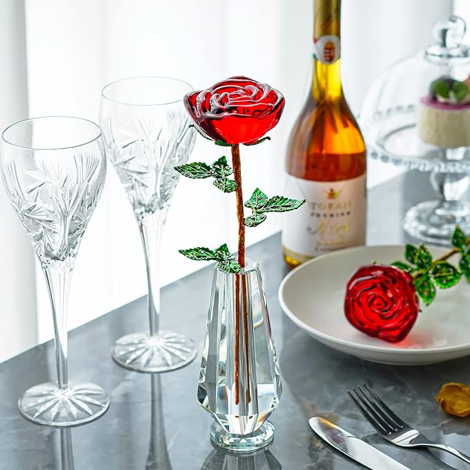 HDCRYSTALGIFTS 10'' Crystal Rose Flower Figurine Collectible Flower Gifts for Women,Crystal Glass Flower Collectible Ornaments for Christmas Home Table Centerpiece
