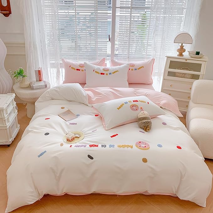 MorroMorn Cotton Duvet Cover Queen Size, 3D Embroidery Queen Bedding Sets All Seasons, Cute Chenille Embroidered Comforter Covers Soft Sweat-Absorbent for Girls Kids Teen (Donut White, Full/Queen)
