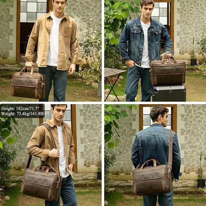 Masa Kawa Leather Briefcase for Men 15.6", 17" Laptop Computer Case Business Travel Work Messenger Cross Body Shoulder Bag