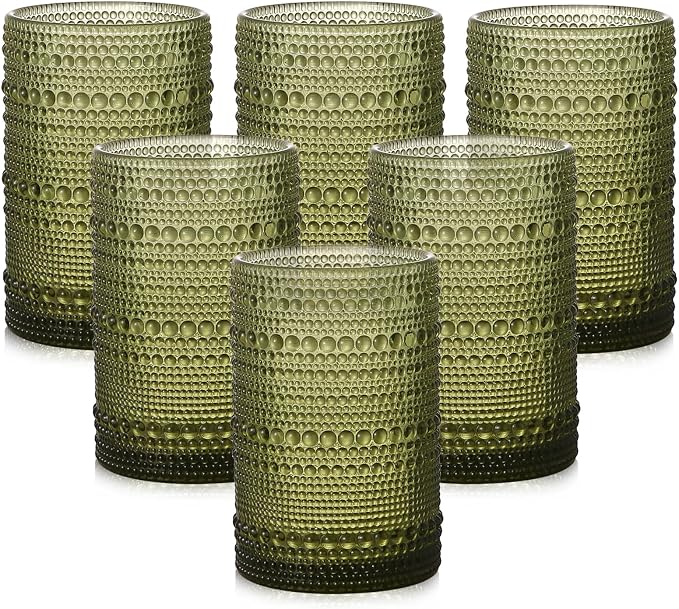 ZMOWIPDL Vintage Glassware Drinking Glasses Set of 6,15 oz Hobnail Glass Cups,Embossed Green Water Tumbler,for Beer,Cocktail,Whiskey,Juice and Various Mixed Drinks- 1 Cleaning Brush