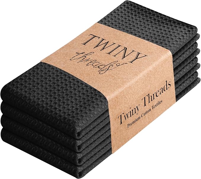 TWINY threads Dish Towel Waffle Weave, Set of 6, 16x26 Inch, Premium Large 100% Cotton Kitchen Linen Pack, Absorbent Cloths for Drying Dishes, Cookware, Quick Drying, Machine Washable, Black