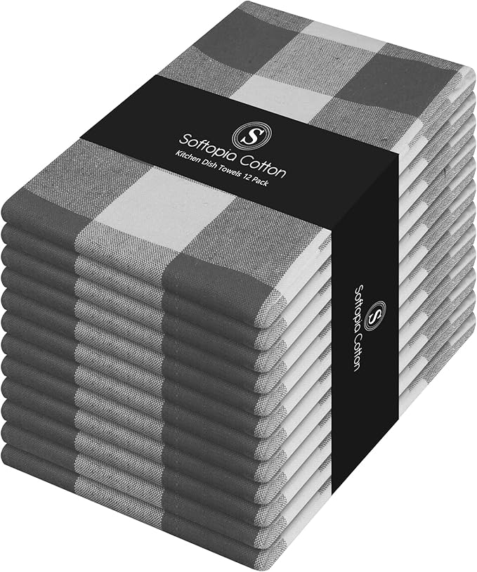 Gray Buffalo Plaid Checked Dish Towels 12 Pack, 100% Cotton, 16x26 Inches, Super Absorbent, Quick Drying, Soft, Lint-Free, Durable Tea & Bar Towels with Hanging Loop, Grey and White