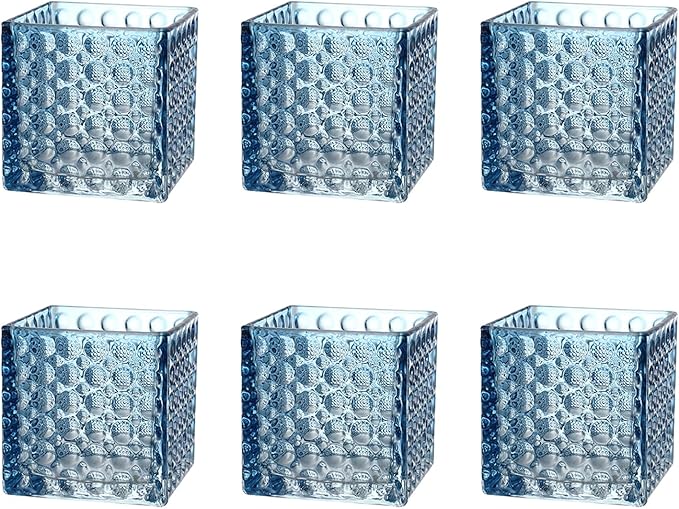 Square Vases Set of 6, 4" x 4" x 4" Square Glass Vases for Flowers, Blue Flower Vase for Centerpieces, Small Bubble Vase for Wedding, Party, Home, Office, Parties, Events