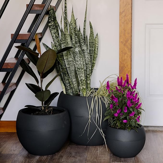 Beuta Large Planters for Outdoor Plants - Set of 3, 8/12/14 Inches Outdoor Planters for Porch - Tall Planter for Outdoor & Indoor Plants | Large Indoor Plant Pot - USA Made - Black