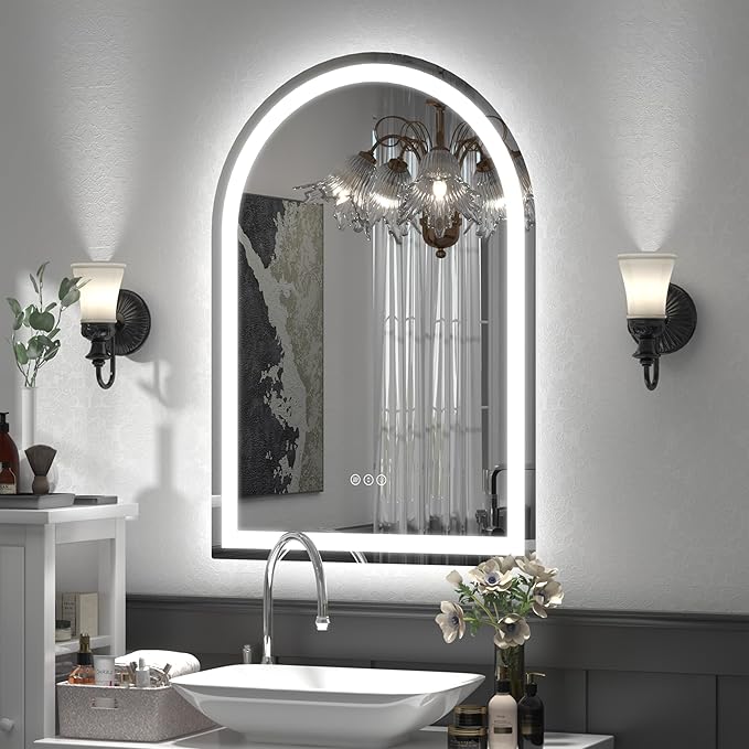 Arched LED Bathroom Mirror 22x32 Inch, Dimmable Backlit and Frontlit Vanity Mirror, Arched Illuminated Mirror, Shatter-Proof, Anti-Fog, 3 Colors, Memory, ETL Listed