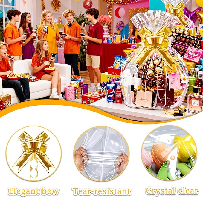 PigPotParty 30"x40" Clear Cellophane Gift Bags - Includes Bows – 10 Pack Large Cellophane Wrap for Gift Baskets, Plastic Gifts Bags for Gift Giving
