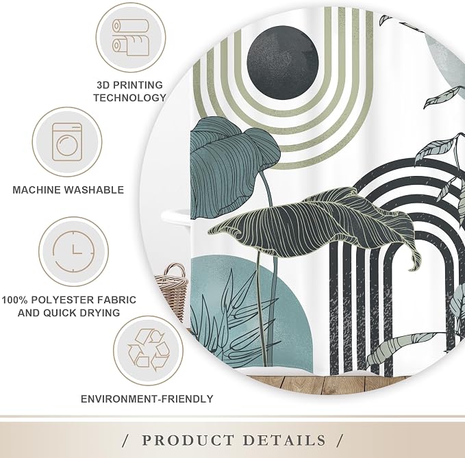 Glawry Green Teal Blue Abstract Shower Curtain Mid Century Boho Retro Tropical Palm Tree Leaves Sun Arch Modern Bathroom Geometric 60Wx72L Inches Bath Accessories Art Home Decor Fabric 12 Pack Hooks