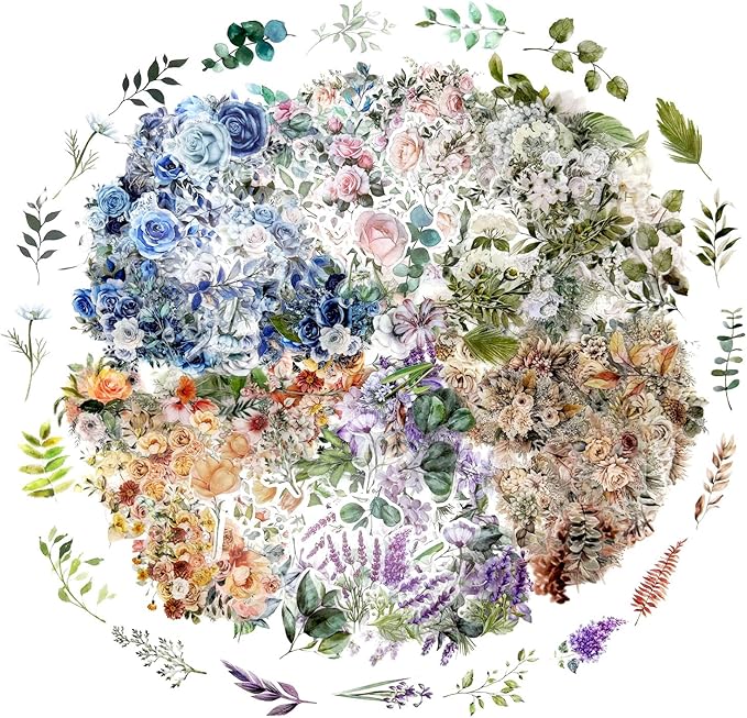 Obujopal 600 Pcs Natural Botanical Flower Stickers, Wildflower Stickers for Scrapbooking Junk Journal Notebook Diary Planner Letter Envelope Water Bottle Phone Case Craft Decoration (Set of 6)