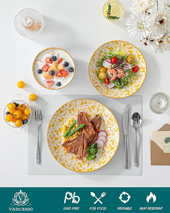 vancasso SELENE Plates and Bowls Set for 6, 18 Pieces Dinnerware Sets, Mircowave and Dishwasher Safe Dishes Set, Porcelain Pastel Dinnerware