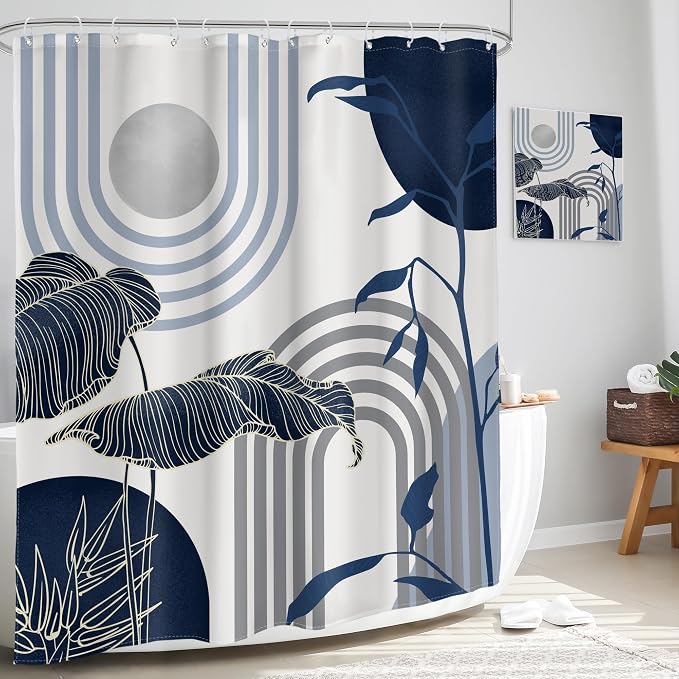 Glawry Mid Century Abstract Shower Curtain Blue Grey Boho Palm Tree Leaf Sun Arch Minimalist Geometric Bathroom Modern Aesthetic 60Wx72L Inches Bath Accessories Art Home Decor Fabric 12 Pack Hook