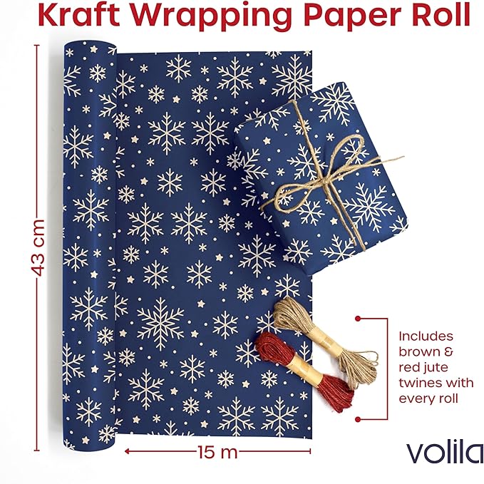 volila Brown Paper Roll - Kraft Paper Roll for Gift Wrapping Flower Boquet Craft Supplies - Wrapping Paper for Moving Packing Paper (Blue Snowflakes)