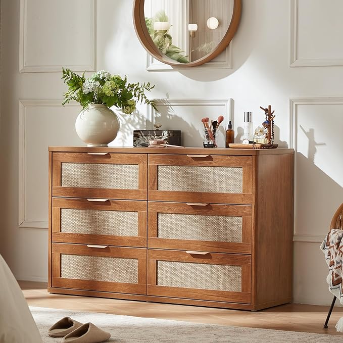LEYAOYAO Rattan 6 Drawer Dresser for Bedroom, 48" Wide Boho Chest of Drawers, Wooden Dressers TV Stand with Metal Handle, Storage Closet Organizer for Living Room, Hallway, Tea Brown