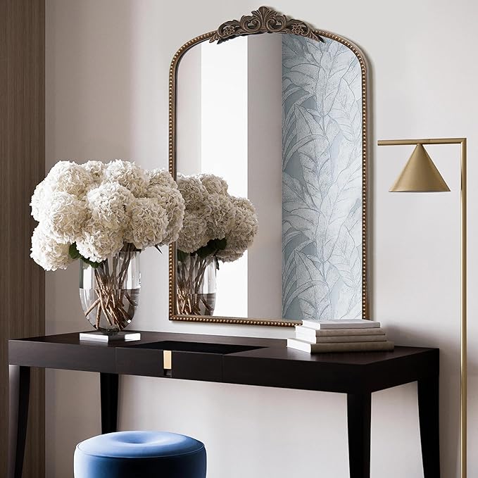 Micasso Traditional Ornate Bronze Mirror: 24"x36" French Baroque Antique Mirror - Decorative Vintage Arched for Wall/Bathroom/Entryway/Hallway/Living Room - Home Decor for Bathroom