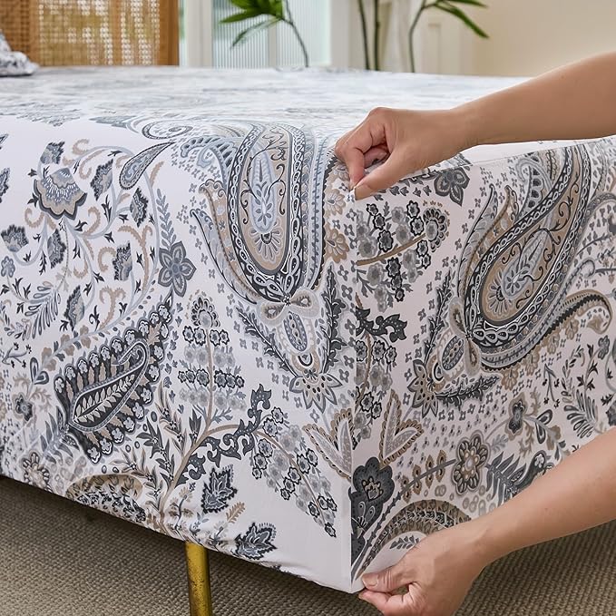 100% Cotton Sheet Set King Size – 4-Piece Luxury Grey Paisley Bedding Set, Extra Soft Breathable Percale Weave, Deep Pocket Fitted Sheet 17.5", Crisp Cool Feel Bed Sheet