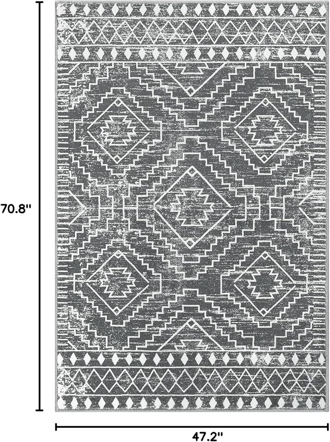 Wonnitar Moroccan 4x6 Area Rug, Washable Dark Gray Living Room Rug, Non-Slip Boho Rug for Bedroom, Farmhouse Non-Shedding Soft Indoor Carpet for Kitchen Entryway Mud Room (Dark Grey,4'x6')