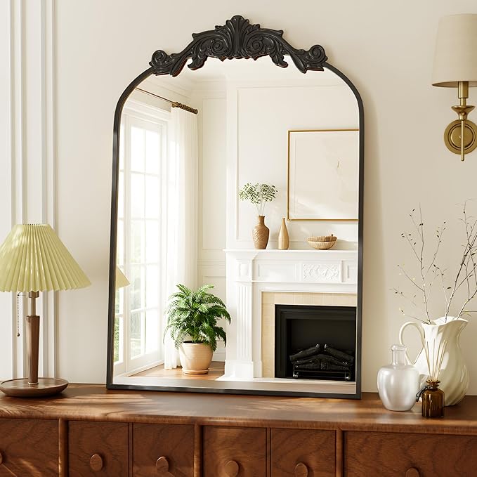VooBang Vintage Arched Bathroom Mirror, 24x36 Inch Retro Wall Mounted Vanity Mirror with Carved Pattern Top and Metal Frame, Black Decorative Mirror for Hanging or Leaning