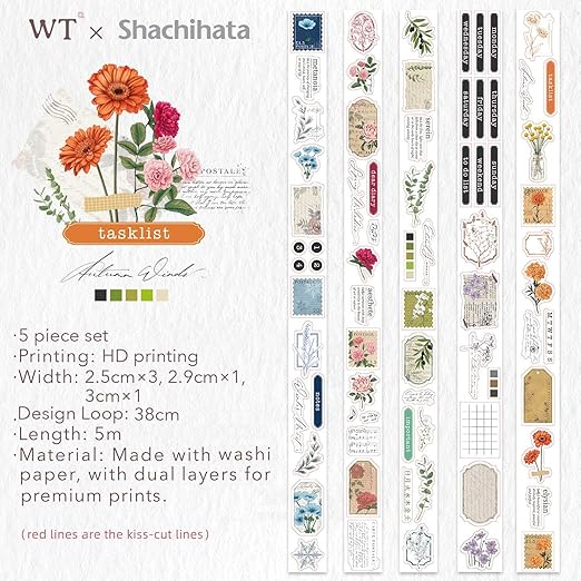 WT Seasonal Splendor Washi Tape Sticker Set, 5 Rolls, Original Designs, Vintage Watercolor Floral Design, Adhesive Stickers for Junk Journals, Scrapbooks, Bujo, Planners, DIY Crafts