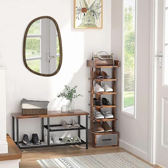 Brown Irregular Mirror for Wall Decor Modern Asymmetrical Wooden Framed Wall Mirror Unique Shape Vanity Artistic Oval Mirror Decorative for Bedroom Bathroom Living Room Entryway Hallway Large