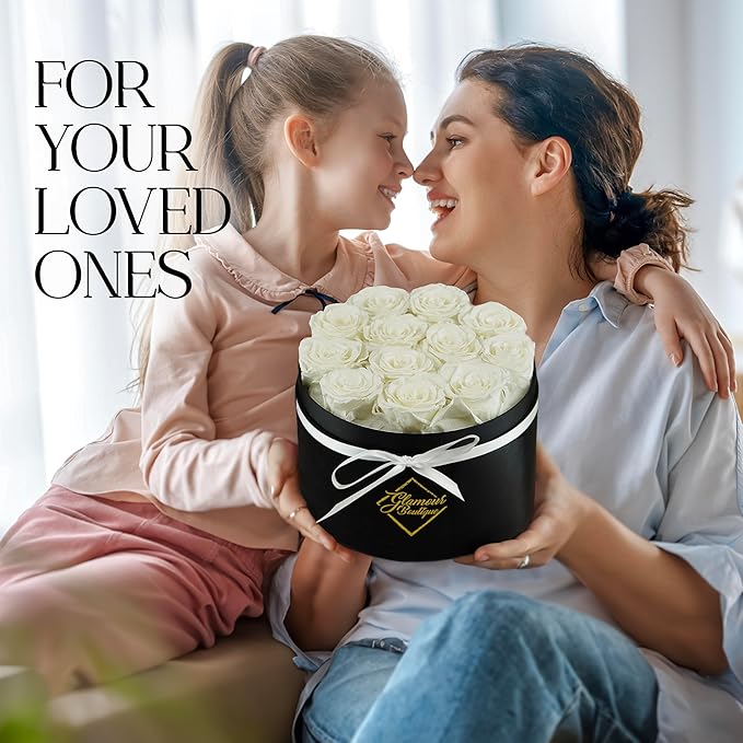 GLAMOUR BOUTIQUE Flowers Forever Gift Box 12 Real Preserved Roses in a Velvet Black Box, Birthday Gift for Her Mom and Wife, Mothers Day, Anniversary, Graduation - White