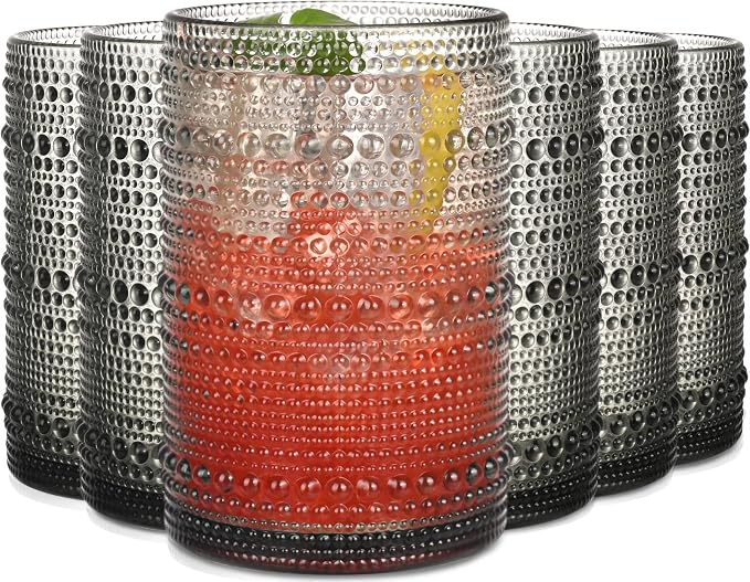 Gray Hobnail Drinking Glasses Set of 6,15 oz Vintage Highball Glasses,Drinkware Kitchen Glasses for Cocktail,Iced Coffee,Beer,Ice Tea,Wine,Whiskey,Water