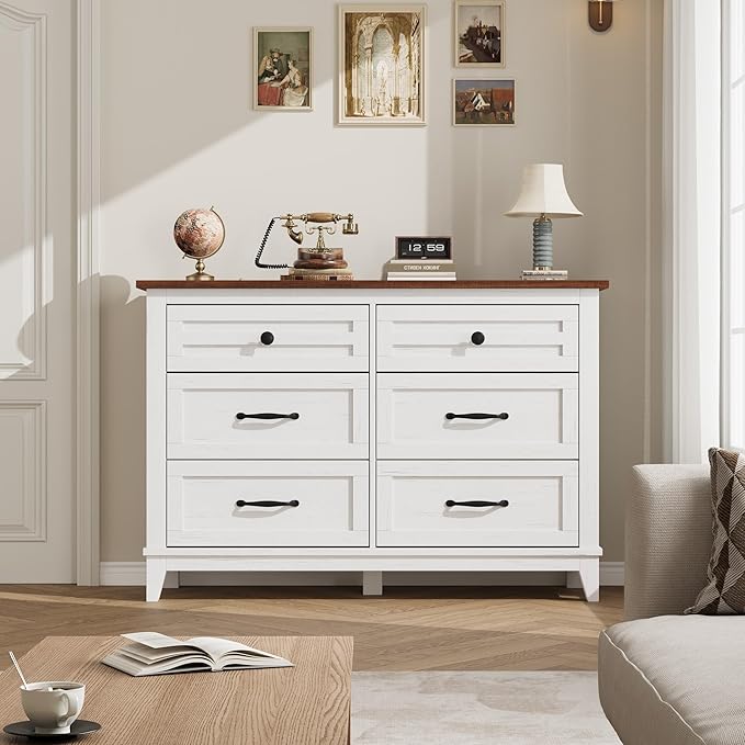 GarveeHome 6 Dresser for Bedroom, 47 in Wide Drawer Dresser with Storage Freestanding, Wooden Closet Storage Chest for Living Room, Bedroom, Entryway, White+Brown