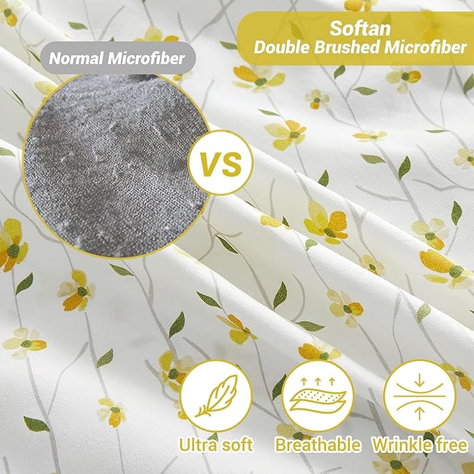 Softan Yellow Floral Bed Sheets Full Flower Printed Sheets - Patterned Microfiber Fitted Sheets Full with 15" Deep Pocket & Non-Slip Straps, Cute Flower Sheets & Pillowcase Set