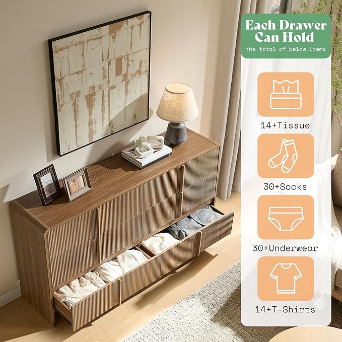 AMERLIFE 63" Fluted 6 Drawer Dresser, Wide Modern Chest of Storage Drawers with Pine Handles, Rounded Corners & Anti-Tip, Wood Drawer Organizer for Cloth, Bedroom, Living Room, Hallway, Dark Walnut