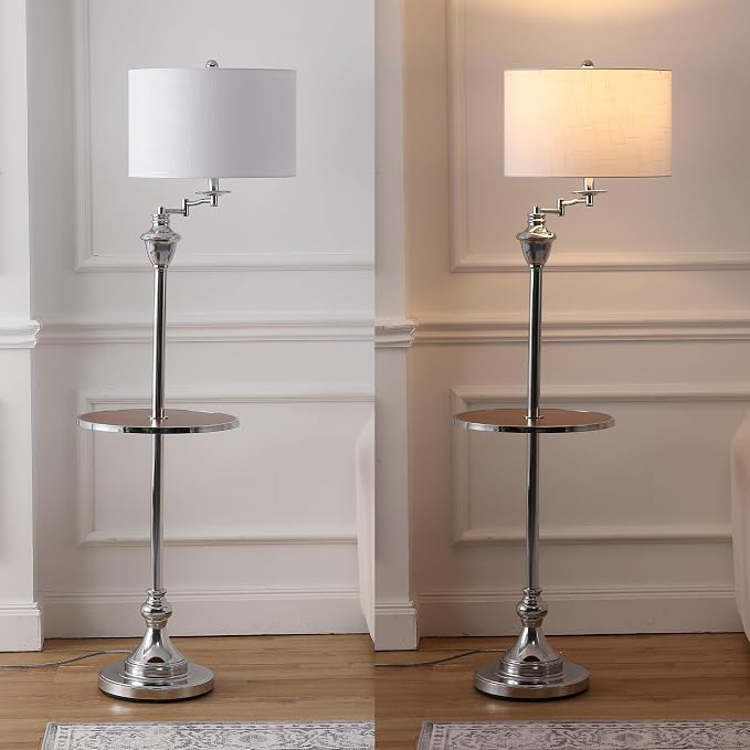 JONATHAN Y 60" Chrome Swing Arm Wood Integrated Side Tray Candlestick Tray Table Floor Lamp Traditional for Living Room Bedroom with White Linen Drum Shade LED Bulb Included JYL3055E