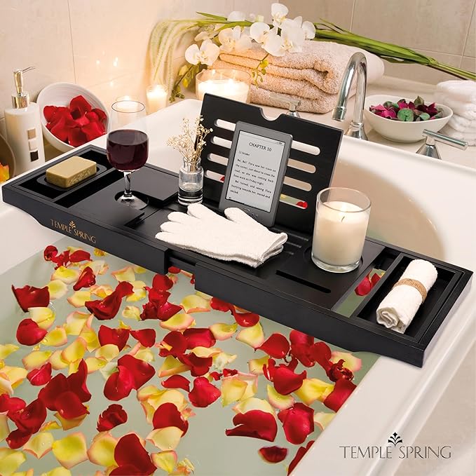 Temple Spring Bamboo Bathtub Tray Caddy for Tub — Expandable Wood Bath Tray with Solid Book Stand Wine Holder and Non-Slip Pads — Includes Bamboo Soap Dish and Spa Accessories — Luxury Bath Gift Set