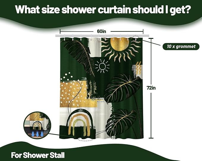 Green and Gold Mid Century Modern Shower Curtain Bohemian Abstract Shower Curtains for Bathroom Decor Sets, Waterproof Cloth Fabric with Hooks, 60x72 Inch