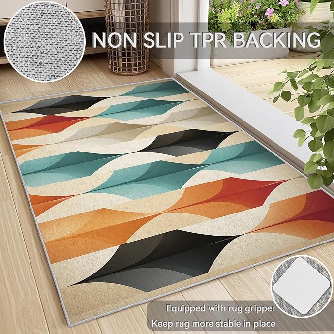 Mid Century Modern Area Rug 6x7, Washable Non Slip Low Pile Abstract Geometric Carpet for Living Room Bedroom Dining Room, Contemporary Retro Accent Rug, Ivory Teal Orange Black