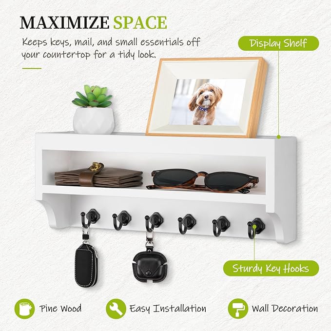 Nekon Key Holder Wall Mount, 12.8" W x 5.6" H x 3.7" D Wall Mounted Key and Mail Organizer with 6 Key Hooks, Key Racks for Home Entryway Decor (White)