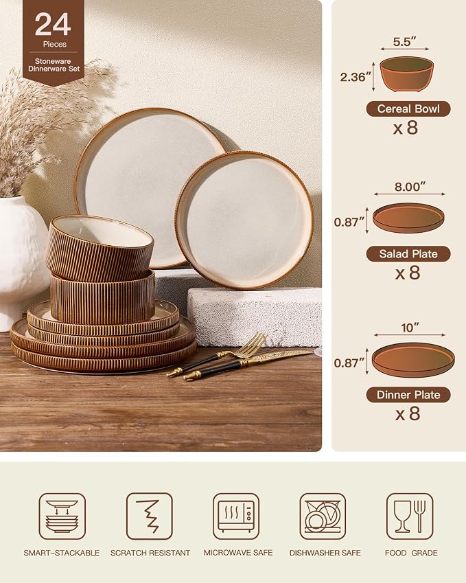 24-Piece Dinnerware Set Service for 8, Famiware Premium Stoneware Dish Set with Ribbed Plates and Deep Bowls, Double Reactive Glaze, Chip & Scratch Resistant, Microwave & Dishwasher Safe, Cream Cocoa