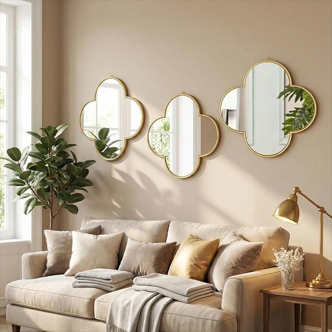 DECANIT Decorative Wall Mirrors Set of 3,Gold Clover Hanging Mirrors with Scalloped Frame for Living Room, Bedroom & Entryway, Accent Wall Decor