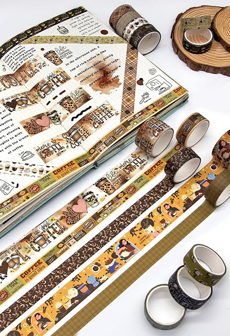 KOVANO Coffee Themed Washi Tape Set, 14 Rolls Vintage Crafts Tape, Art Decorative Tape for Scrapbooking Supplies, Junk Journal, Bullet Journaling, Vision Board Supplies