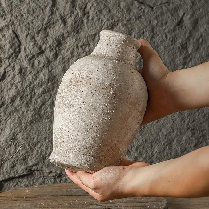 Handmade Rustic Ceramic Decorative vase, 8.3 x 5.5 inches, Off-White, Handcrafted in Vintage Style, Complements Rustic, Country, and Various Decor Themes.