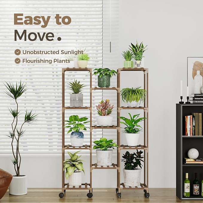 Bamworld Plant Stand With Wheels Indoor Outdoor Wood Plants Shelf for Multiple Plants 11 Pots,Tall Large Flower Holder for Living Room, Patio, Balcony, Garden