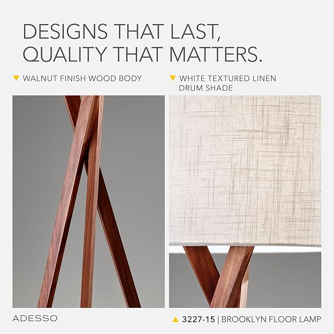 Adesso Floor Lamp with Walnut Tripod Base and White Linen Lampshade – Lamp for Bedroom, Living Room, and House Décor, 63” x 20”