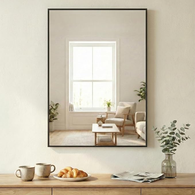 30"x36" Black Bathroom Mirror for Wall, Shatterproof Tempered Glass, Rectangle Narrow Frame Vanity Mirror, H/V Wall-Mounted, Ultra-Flush