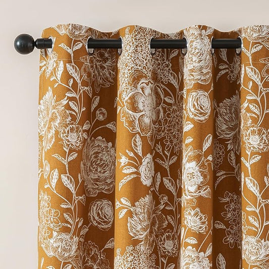 Vintage Orange Peony Floral Blackout Curtains - Cotton Blend Light Blocking Drapes with Grommet Top for Bedroom, Living Room & Office, Boho Home Decor, 52W x 63L