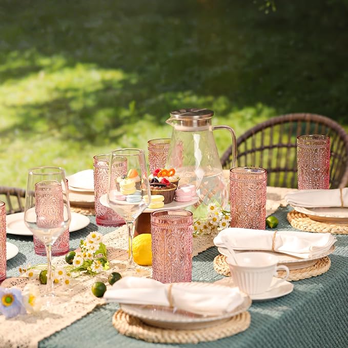 Darlion Pink Drinking Glasses, Highball Glass Cups, Pink Glassware, Drinking Glasses Set of 8, Vintage Water Cups for Party Wedding Gift