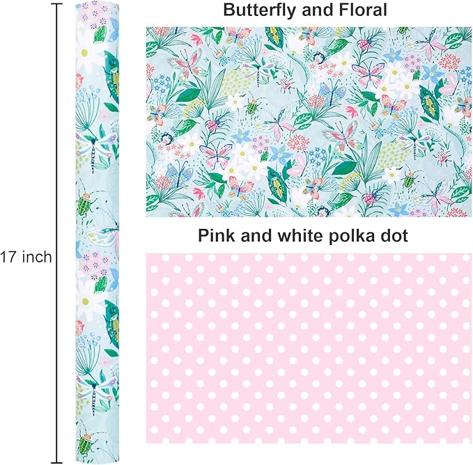 Burymento Reversible Butterfly and Floral Design Wrapping Paper Roll - Pink and white polka dot design on the other side, suitable for Valentine's Day, Birthday, Mother's Day, Wedding, Baby Shower