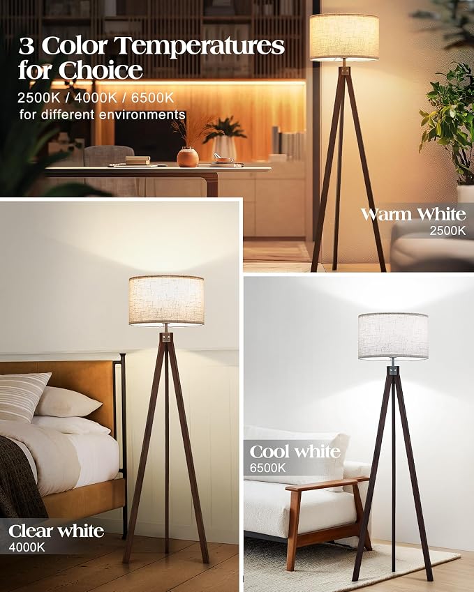 ELYONA Wood Tripod Floor Lamp with 3 Color Temperatures Bulb, Mid Century Modern Reading Standing Light, Farmhouse Floor Light Linen Shade for Living Room Bedroom Office, Walnut, 9W LED Bulb Include