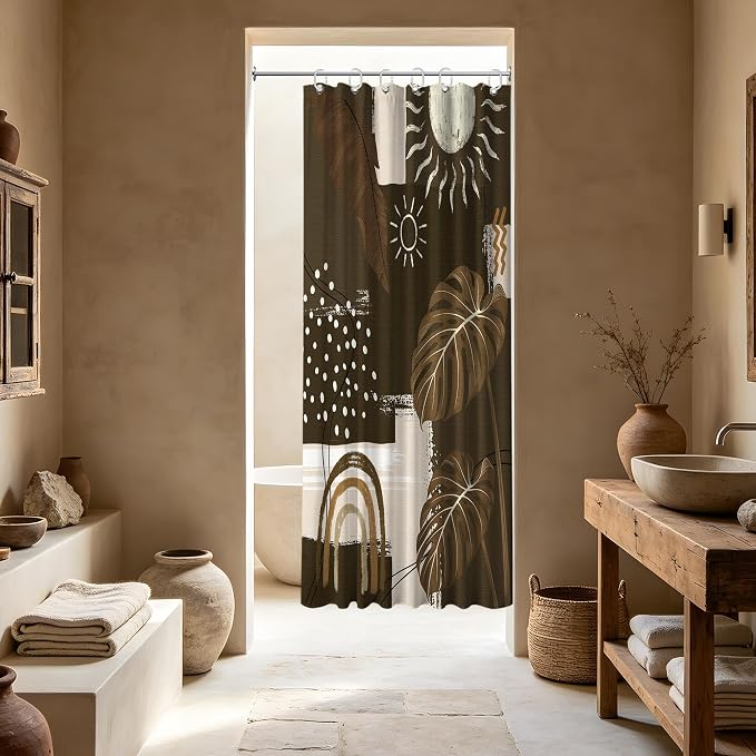 Dark Brown Mid Century Modern Shower Curtain Boho Abstract Khaki Earth Tone Shower Curtains for Bathroom Decor Sets, Waterproof Cloth Fabric with Hooks, 36 x 72 Inch